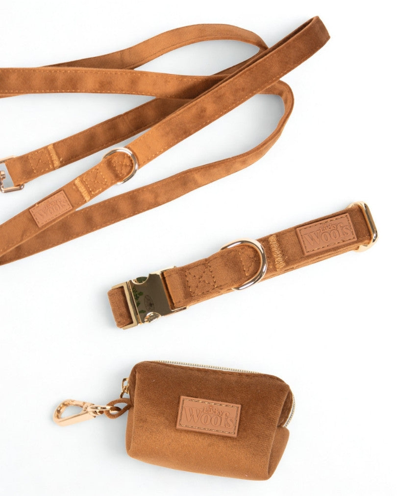 Komplet NA SPREHOD (Povodec + Ovratnica + Torbica) Caramel